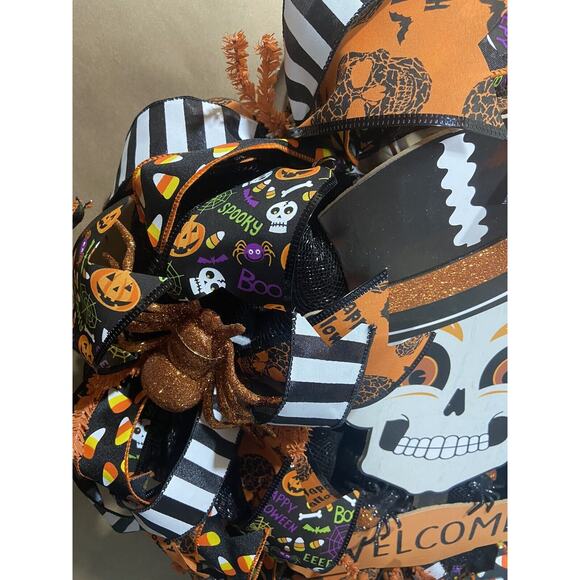 Halloween Deco Mesh Wreath~Skull, Spiders~Large~Front Door~Handmade - Picture 2 of 7